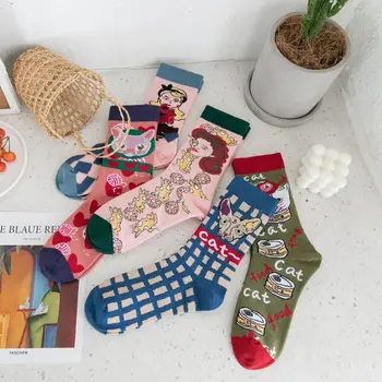 

Japanese Lolita Funny Crew Socks Anime Cartoon Cat Dog Contrast Color Hosiery LX9E