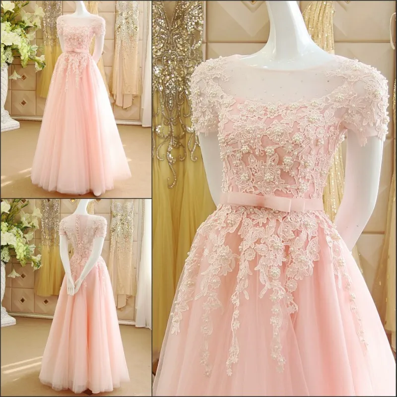 Robe de soiree вечернее платье для выпускного вечера vestido de festa аппликационные жемчужины для кружева дешевые розовые платья с короткими рукавами для матери невесты