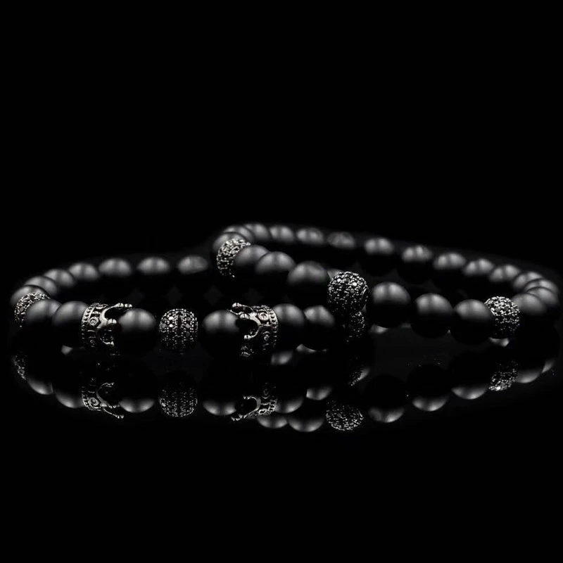 

2019 Luxury Double Crown Men Bracelet Black Stone Matte Strand Beaded Bracelet For Men Jewelry Gift Pulsera Hombre