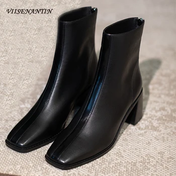 

High Heel Women Real Leather Retro Autumn Winter Fashion Short Tube Catwalk Boots Square Toe Thick Heel Sewing Versatile Shoes