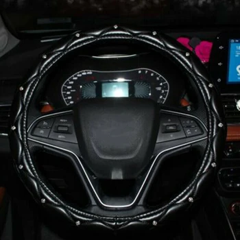 

38cm Luxury Crystal Crown Studded Rhinestone PU Leather Car Steering Wheel Cover Interior Accessories