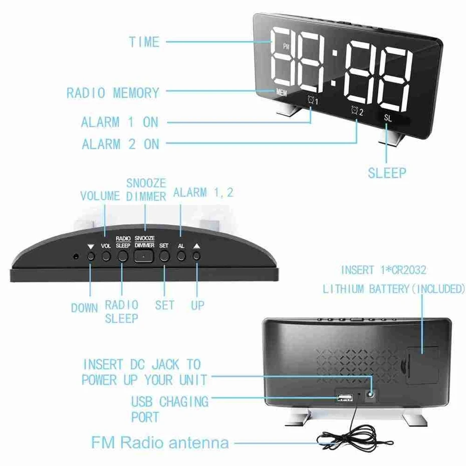 Цифровой светодиодный Будильник, зеркальные многофункциональные часы с функцией повтора времени, регулируемое освещение, FM радио, настольные часы с памятью времени, настольные часы