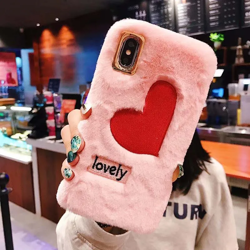 

Plush Fluffy Phone Case Cover for iPhone 6 6s Plus 7 7Plus 8 8Plus X XR XS Max Cute DIY Embroidery Love Heart Furry Plush Coque