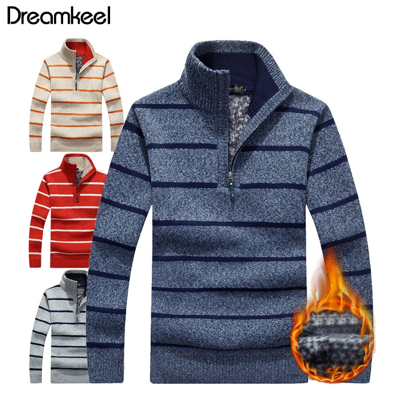 

2019 Autumn New Men's Striped Sweatercoat Pullovers Male Winter Thick Sweaters Coat Stand Collar Slim Fit Knitted Pullover 3XL