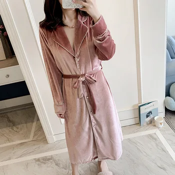 

Casual Women Bathrobe Gown Nightgown Velour Warm Kimono Gown Robe Softy Nightdress Sleepwear Winter Lounge Home Dressing Gown