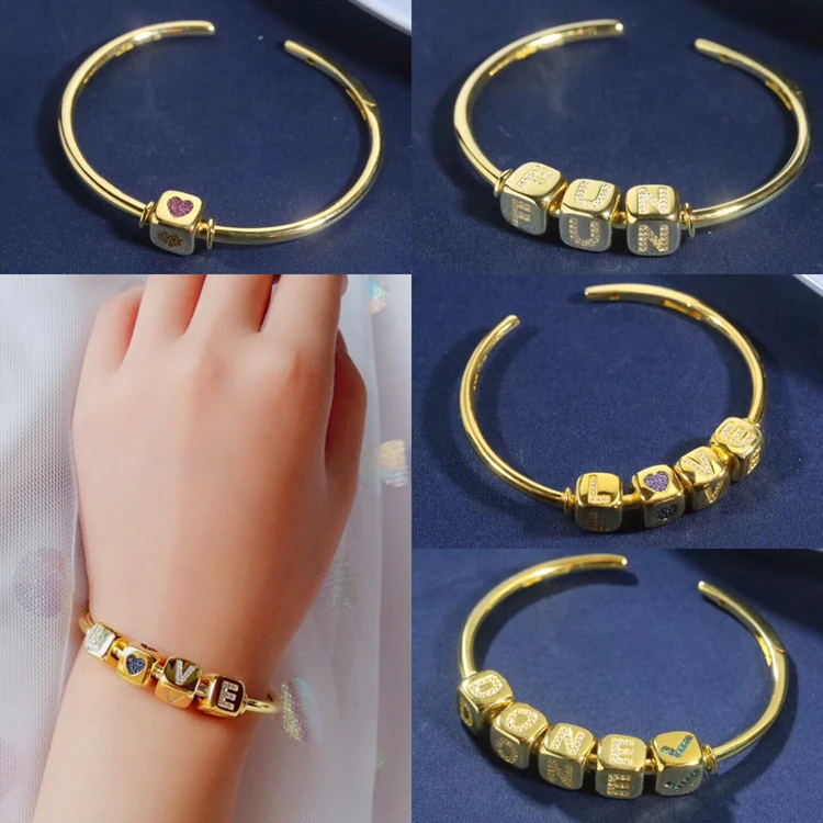 

Brand New Custom DIY MIX Zircon Initial Letter Numeral Symbol Dice Open Cuff Bracelet for Women 925 Sterling Silver Jewelry
