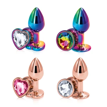 Small Medium large set Crystal Heart round rose gold rainbow Metal anal beads butt plug Jewelry insert sex toy for female male 2
