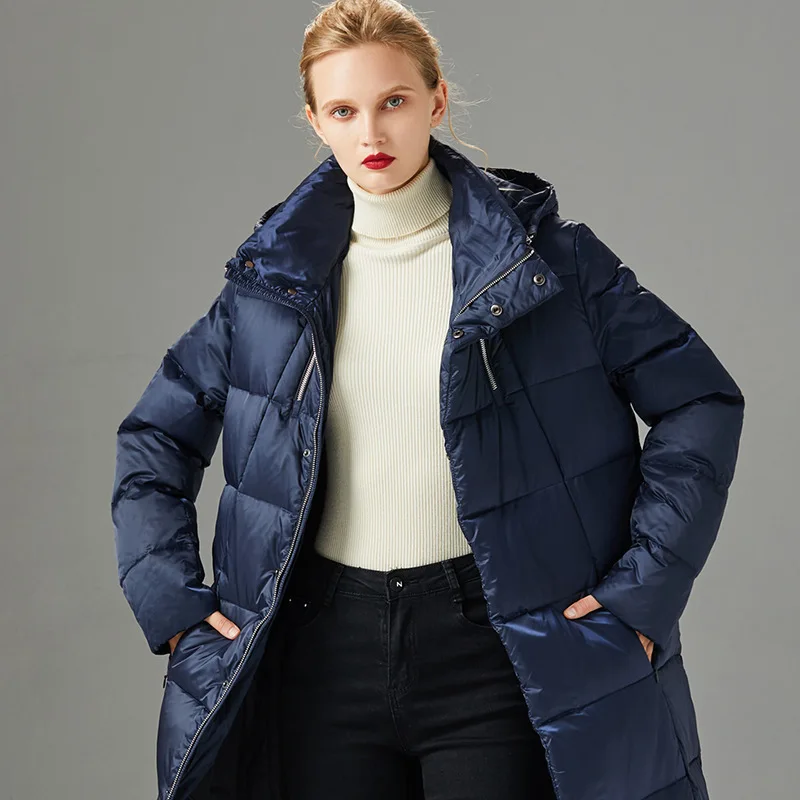Elifashion, новинка, европейский и американский стиль, с капюшоном, белый утиный пух, куртка для женщин, приталенный, удлиненный, утолщенный, модный