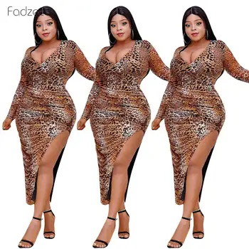 

Women Plus Size Leopard Print High Split V Neck Dress Long Sleeve Bodycon Dress
