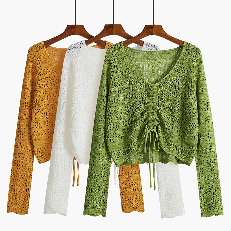 

Autumn Bow Drawstring Knitted Blouse Sunscreen Tops Thin Solid Sexy Hollow Out Blouse Long Sleeve Green Top