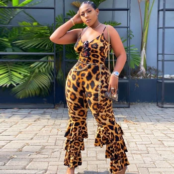 

Women Bodysuits Sexy Leopard Print Fitness Rompers Spaghetti Strap Open Back Cascading Ruffles Night Club Party Jumpsuits Outfit