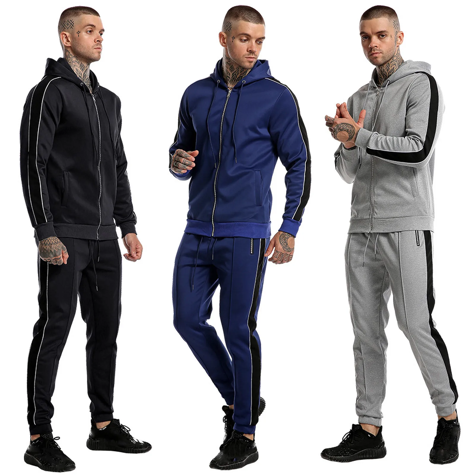Men's Tracksuit Hoodie Suit With Pockets And Zip Solid Colour Patchwork Suit Comfy Daily Simple Sweatshirt Set Худи Мужские 2021 1