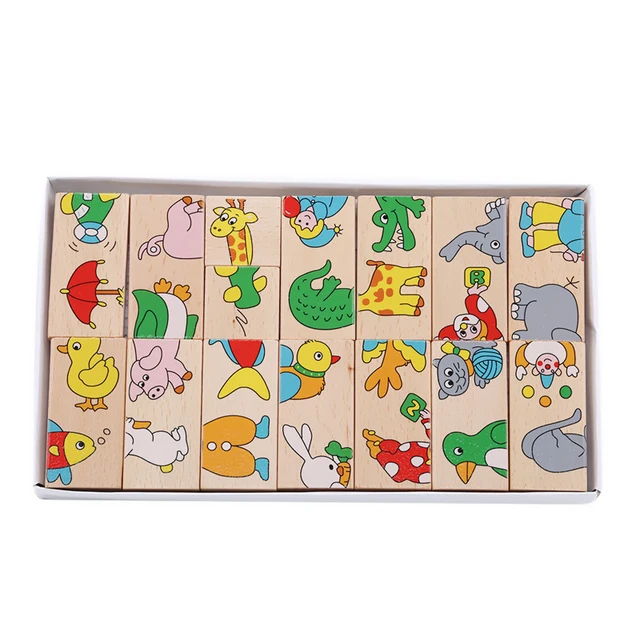 28pcs Wooden Domino Fruit Animal Recognize Blocks Dominoes Games Jigsaw Montessori Children Learning Education Puzzle Baby Toy 6