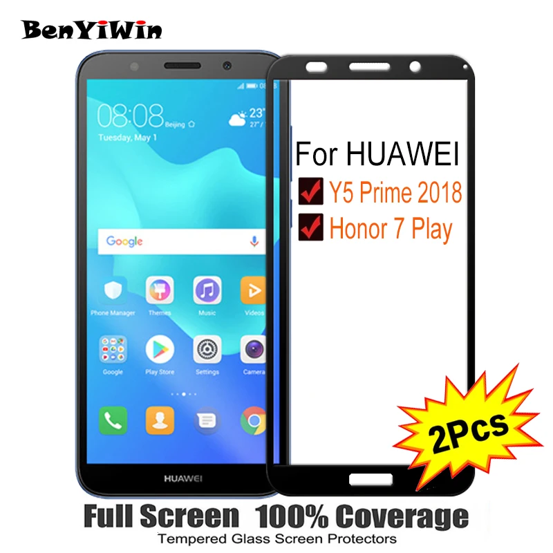 

2PCS Screen Protector Tempered Glass 100% Full Cover For HUAWEI Y5 Prime 2018 Protective Film Case For HUAWEI Honor 7 Play Glass