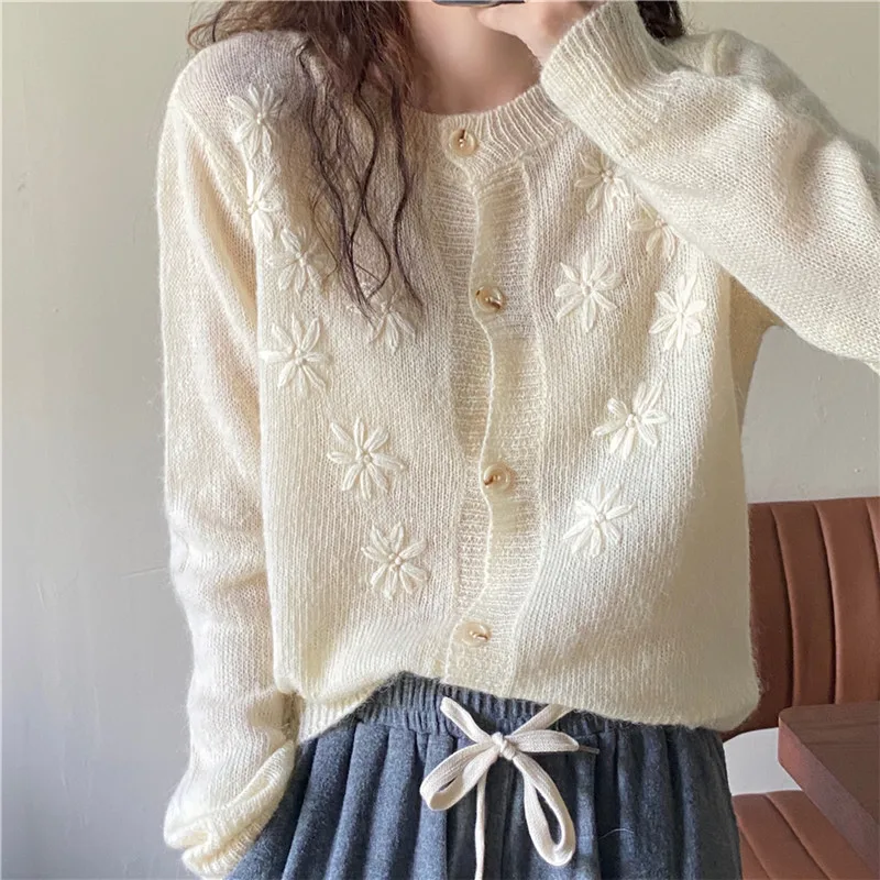 

2020 Cardigans Autumn New Design Loose Chic Embroidered Knitted Warm Single-Breasted Long Sleeves Women Sweater Coat