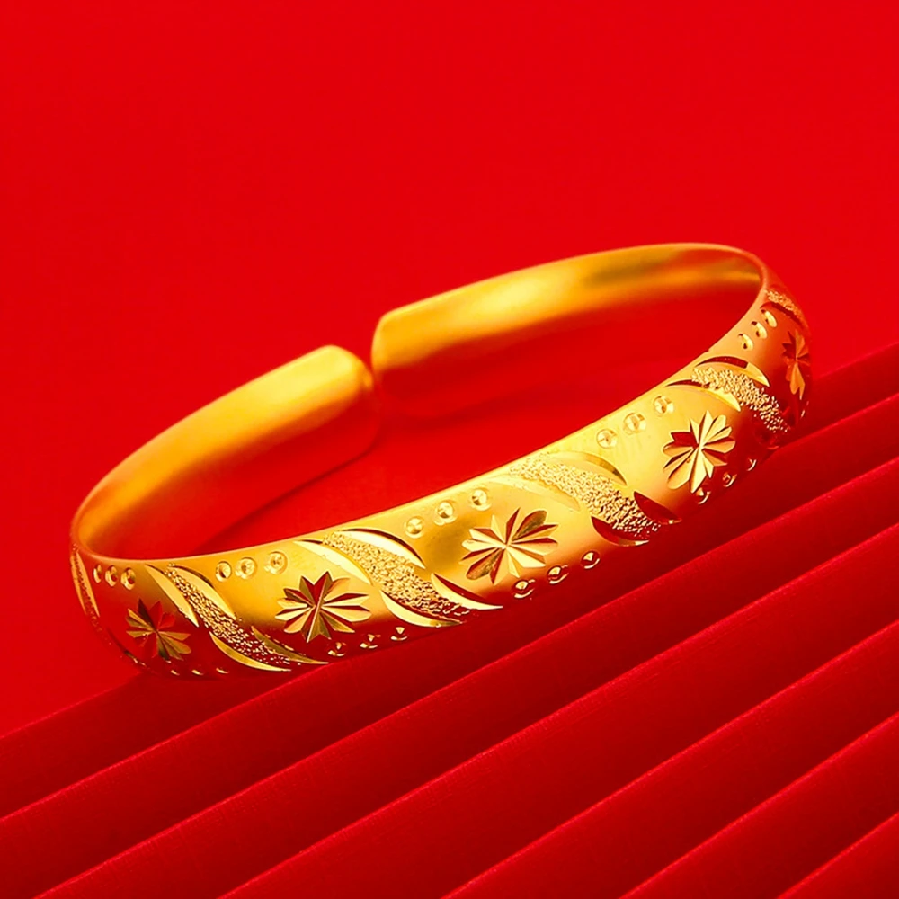 

Snowflower Pattern Cuff Bangle Women Wedding Engagement Classic Jewelry Bracelet Yellow Gold Filled Lady Gift