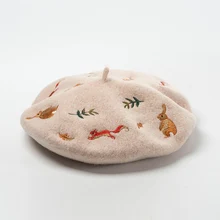 Winter Woman Lady Beret Hat New Mori Rabbit Squirrel Leaves Embroidered Cashmere Wool Caps Fashion Warm French Artist Hat