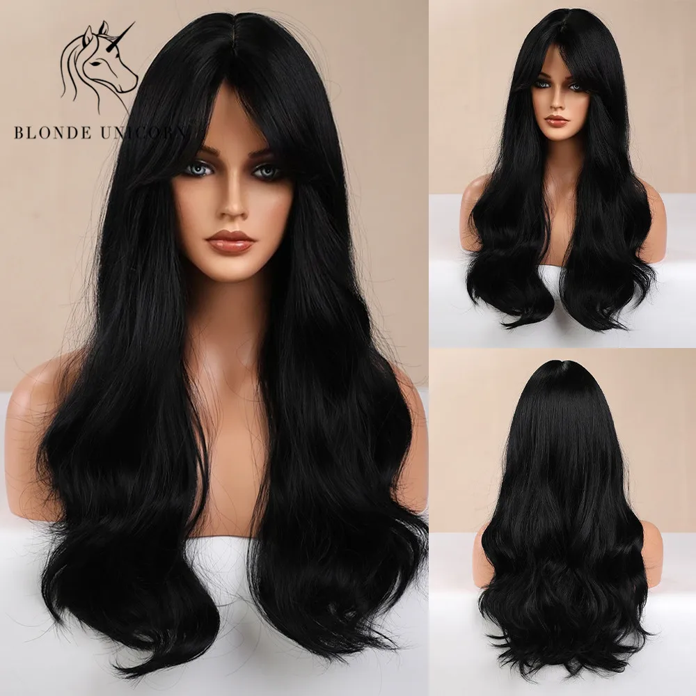 Blonde Unicorn Long Wavy Wigs for Women African American Synthetic Hair Black Brown Wig with Bangs Heat Resistant False Hair