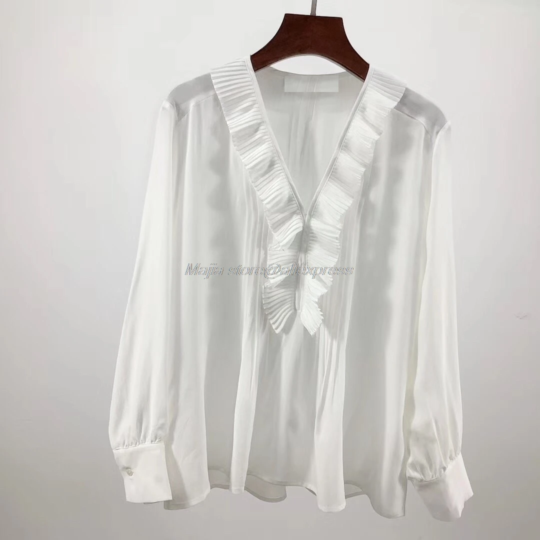 Новинка зимы, Женская плиссированная блузка с v-образным вырезом, Женская легкая блуза из шелка