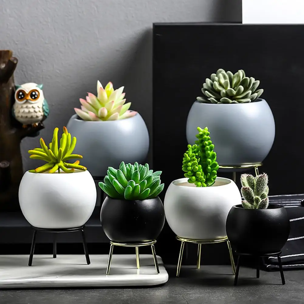 

European Ceramic Flower Pot Flower Rack White Ceramic Succulent Cactus Plant Hexagon Pots With Metal Stand Holder Garden Decor