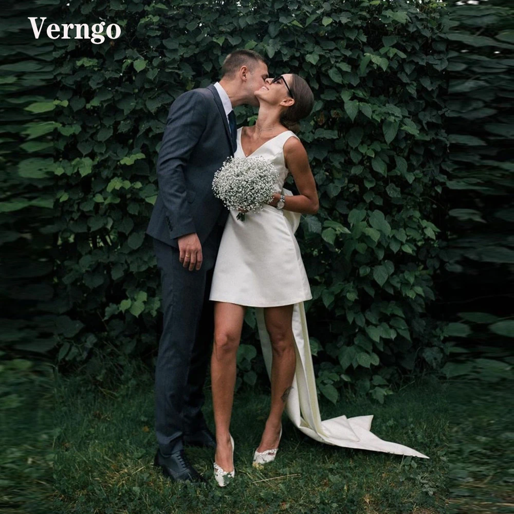 Verngo vestido de novia corto con de pico, minivestido de fiesta Informal con lazo en la espalda|Vestidos de novia| - AliExpress