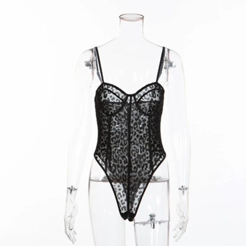 Sexy Spring Women Black Bodysuit Sexy Summer Women Shirt Party Sleveeless Leopard Black Mesh Strap Bodysuit Women Female
