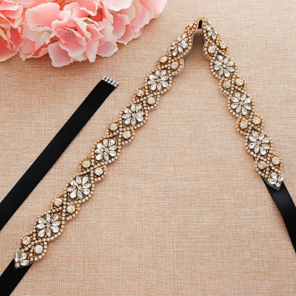 Mecresh Gold Color Flower Wedding Dress Belt Sash Bridal Geometric Rhinestone Crystal Ivory Pink Black Belt for Women MYD037