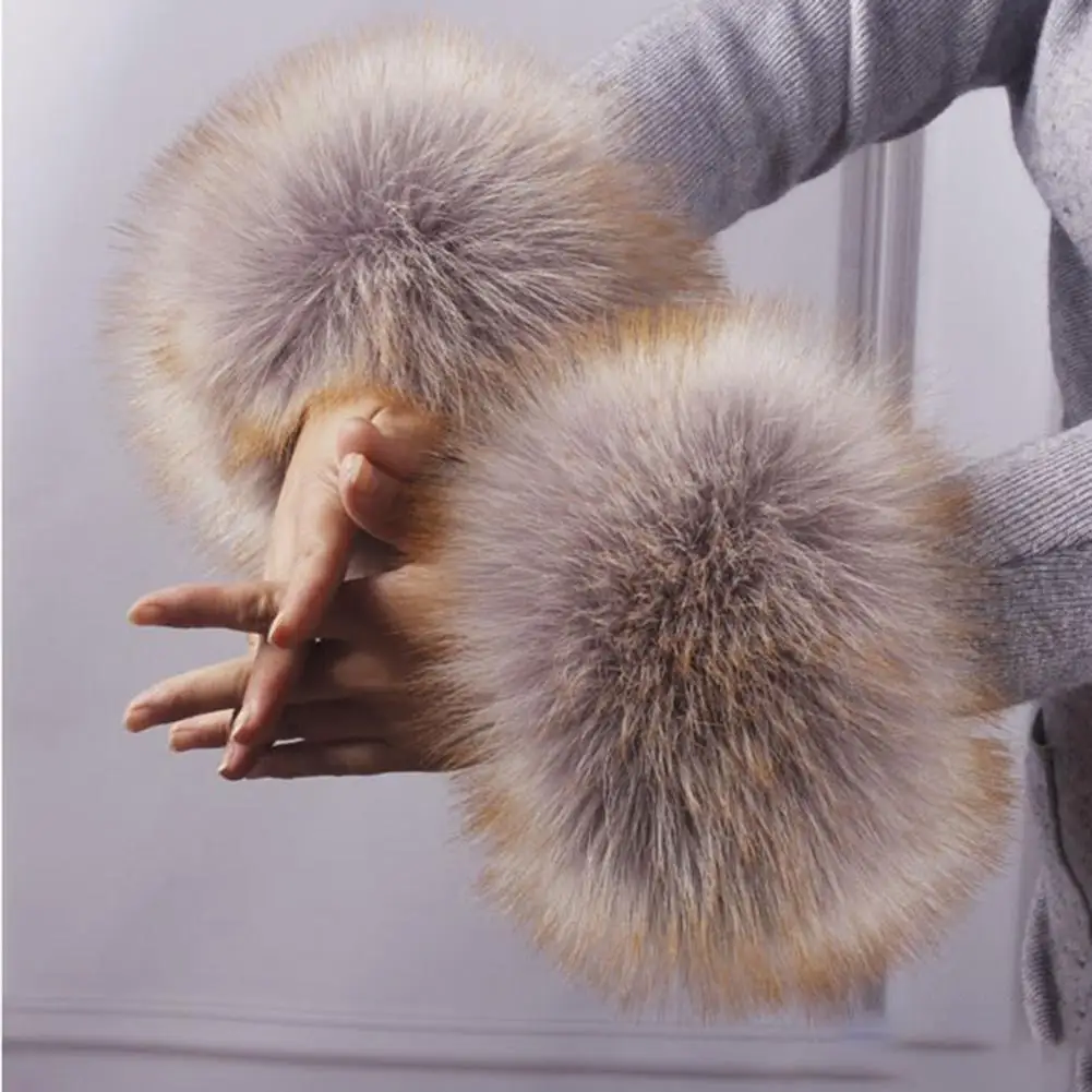 1 Pair Faux Fur Oversleeve Cuff Winter Warm Wristbands Elegant Women Parkas Wrist Gloves Sleeve Cuff Cover for Coat