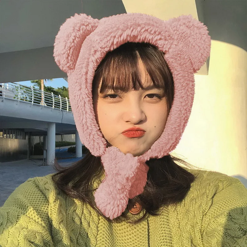 

2021 New Fashion Solid Beanies Women Winter Cute Bear Ears Warm Hat Windproof Cap Student Women Add Wool Cap Female Hat Present