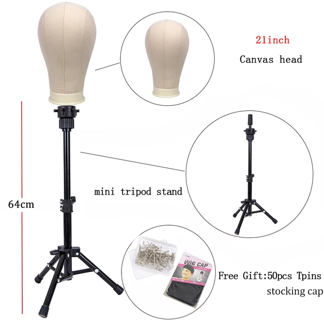 Alileader New 152Cm/64Cm Wig Stand Wig Tripod With Mannequin Canvas Block Head Adjustable Tripod Stand Wig Making kit TPins Gift 64cm stand 21in head