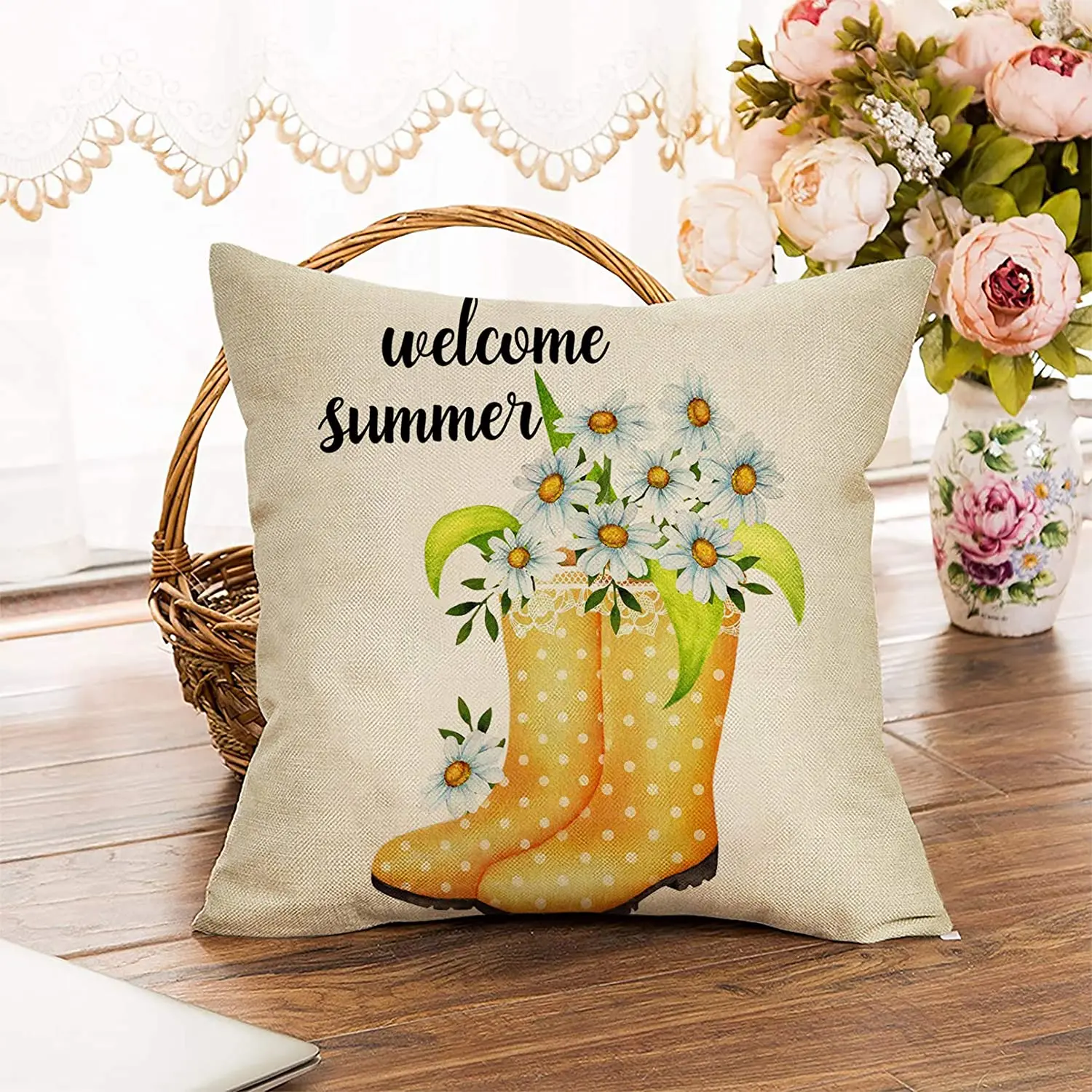 Seasonal Home Decorations Cotton Linen Spring Square Outside Pillowcase Decor Sign for Sofa Couch 18 x 18 Softxpp Welcome Summer Decorative Throw Pillow Cover Daisy Flowers Rain Boots Cushion Case 