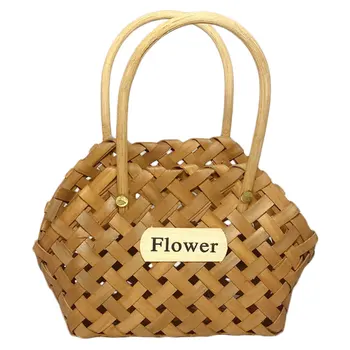 

1Pc Handwoven Flower Basket Wooden Storage Basket Portable Wood Handbag Wedding Decoration (Coffee)