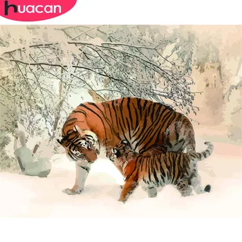

HUACAN Oil Painting By Numbers Tiger Animal Kits Drawing Canvas HandPainted DIY Pictures Winter Snow Home Decoration