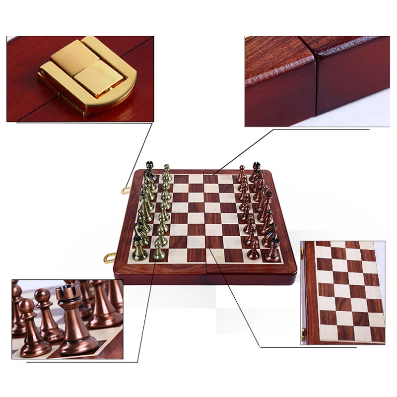 Classic Zinc Alloy Chess Pieces wood grain board Chess Game Outdoor leisure entertainment golden High Quality the qenueson