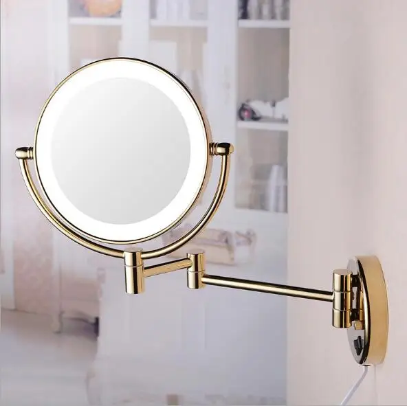 Vidric Hot Bathroom Gold Wall Mounted 8 inch Brass 3X/1X Magnifying Mirror LED Light Folding Makeup Mirror Cosmetic Mirror Lady