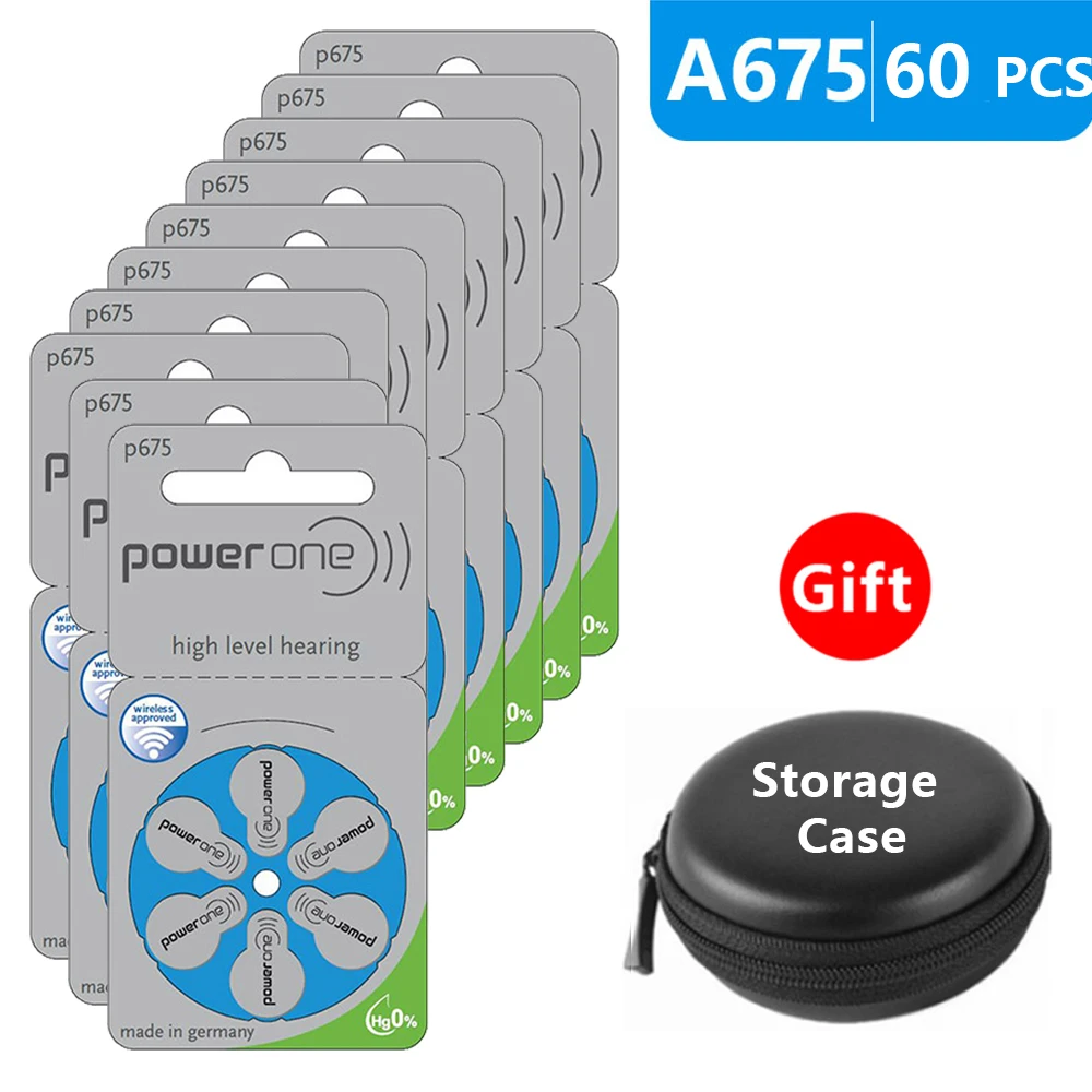 Hearing Aid Batteries Size 675 Za Power One Pack Of 60 Blue Tab Pr44 1 45v Type A675 Zinc Air Battery P675 With Case Box Aliexpress