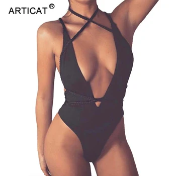 

Articat Deep V Neck Sexy Bandage Bodysuit Women Lace up Backless Summer Jumpsuit Romper Casual Bodycon Swimwear Beach Overall