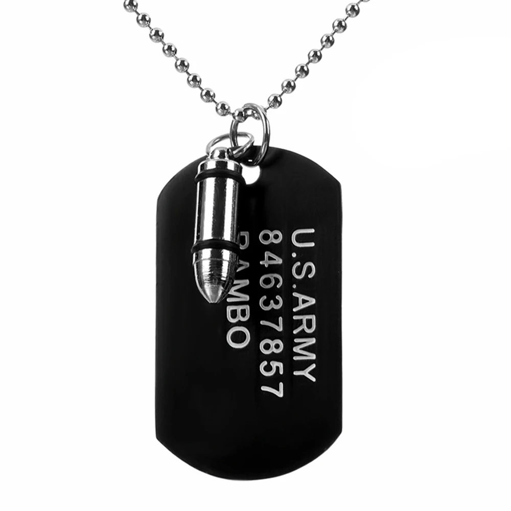 Black High Quality Fashion Men Military Army Bullet Charm Dog Tags SINGLE EMBOSSED Chain Pendant Necklace Jewelry Gift - Окраска металла: Black