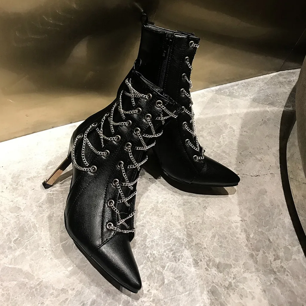 SAGACE Women Lady Thin Heels Pointed Toe Chain Stylish Retro Punk Sexy Shoes Boots Fashion Zip female boot travel hot August 21