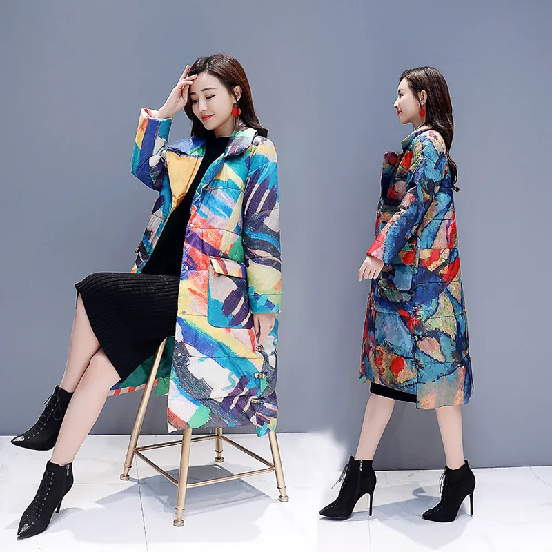 

Agent Join WOMEN'S Dress Korean-style New Style Loose Casual Printed Hidden Button Mid-length Cotton-padded Clothes