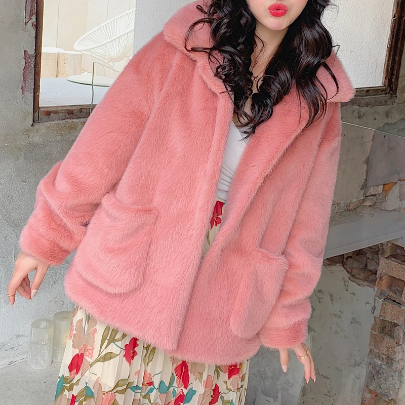 Korean Style Cute Pink Fake Mink Fur Jacket Coat Women Winter Thicken Warm Overcoat Fashion Street Shaggy Faux Fur Overwear