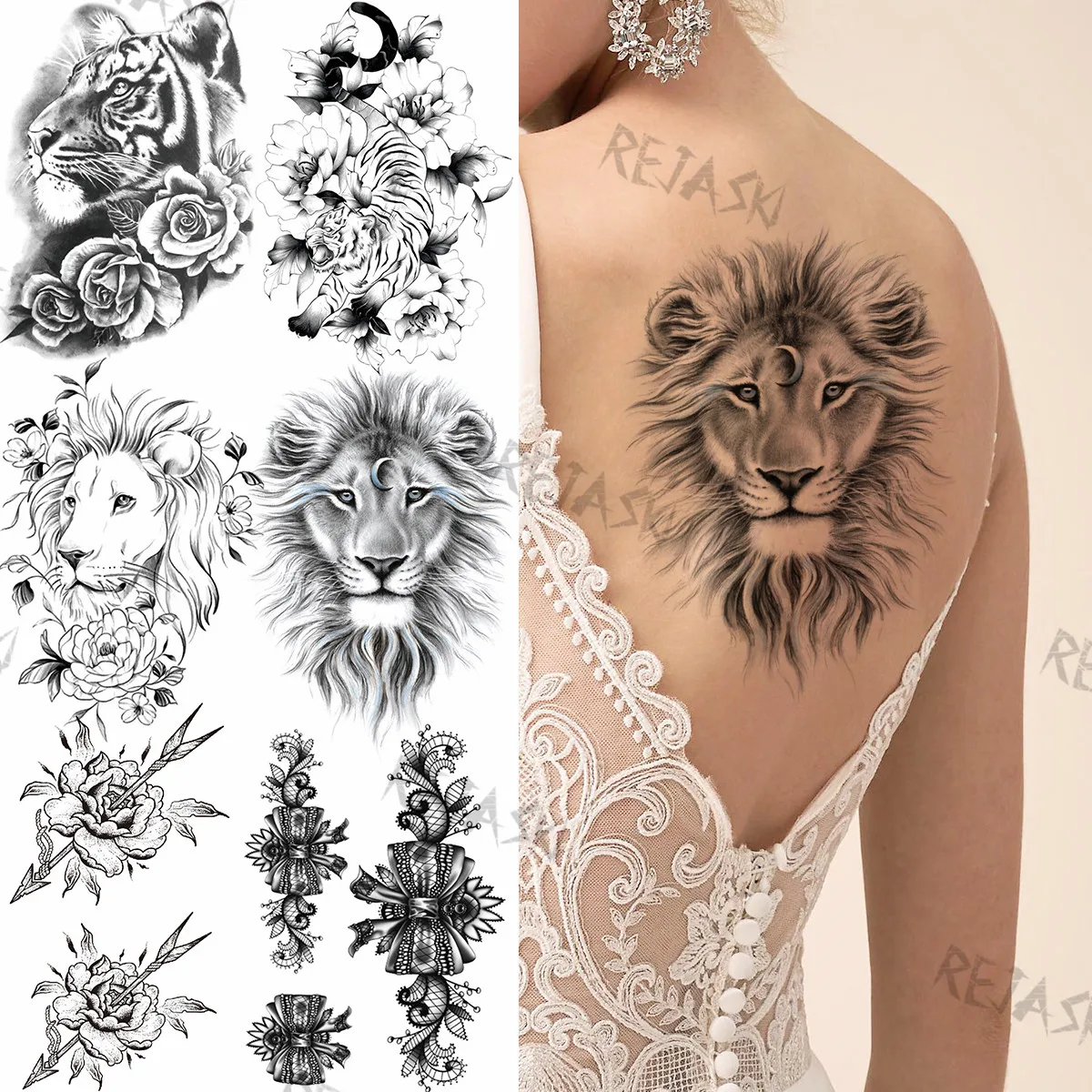 Tatouage Lion Avec Rose Femme Tatouage Temporaire Pour Femmes, Dessin Au Crayon, Lion, Pour Filles,  Tigre, Rose, Fleur, Nœud, Autocollant, Faux Tatouage, Sexy, Pour Le Dos,  Mariage - Tatouages Éphémères - AliExpress