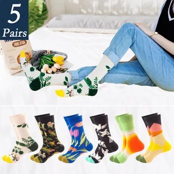 

5 Pairs Men's Cotton Happy Funny Socks With Print Cartoon Flower Bird Sketch Fashion Sock Cute Harajuku Autumn Winter Crew Socks