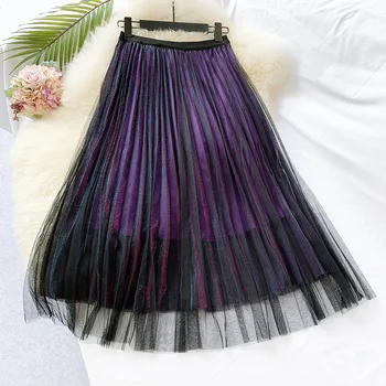 

New 2020 Spring Summer Mesh Skirt Mid-Calf Shiny Tulle Skirt for Women Vintage Elegant All Match Slim Long Skirt