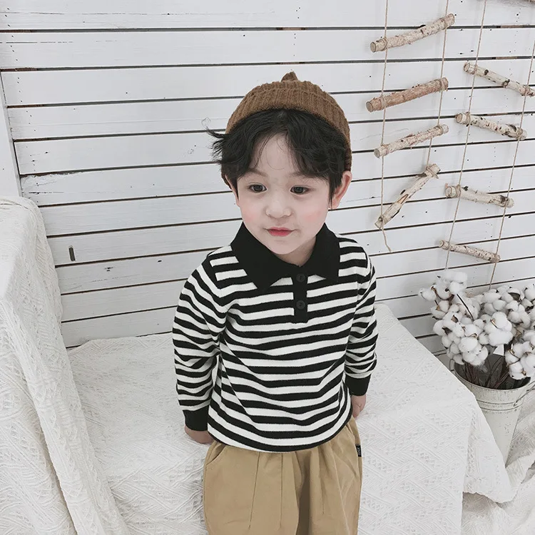 Autumn Winter Stripe Turn-down Collar Knitted Sweaters Baby Boys Girls Sweater Kids Clothing Girls Boys Pullover Sweater