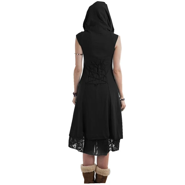  Women Vintage Asymmetrical Gothic Witch Costume Hooded Back Cross Cut Open Handkerchief Drress Medi