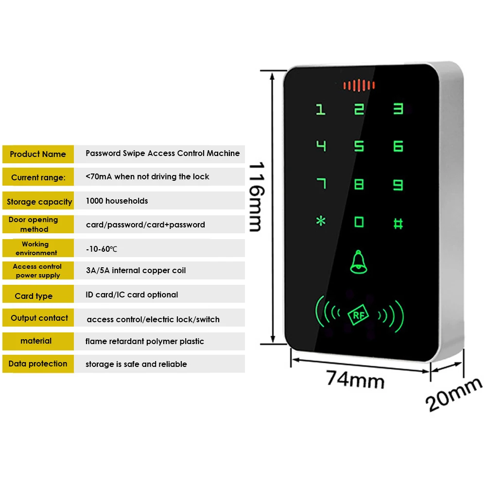 125Khz RFID Access Controler Touch Access Control Keypad Card Reader 1000 User Electric Lock Opener Proximity Entry Door Lock