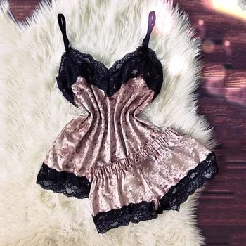 

New Women Sexy Lingerie Camisole Bow Shorts V-Neck Lace Sleeveless Tops Velvet Sleepwear Casual Homewear Female Pajama Set
