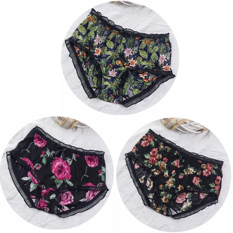 

3Pcs/lot Thin Intimates Soft Breathable Girls Underwears flower print plus size 5XL Sexy Lingeries Women's Panties sets