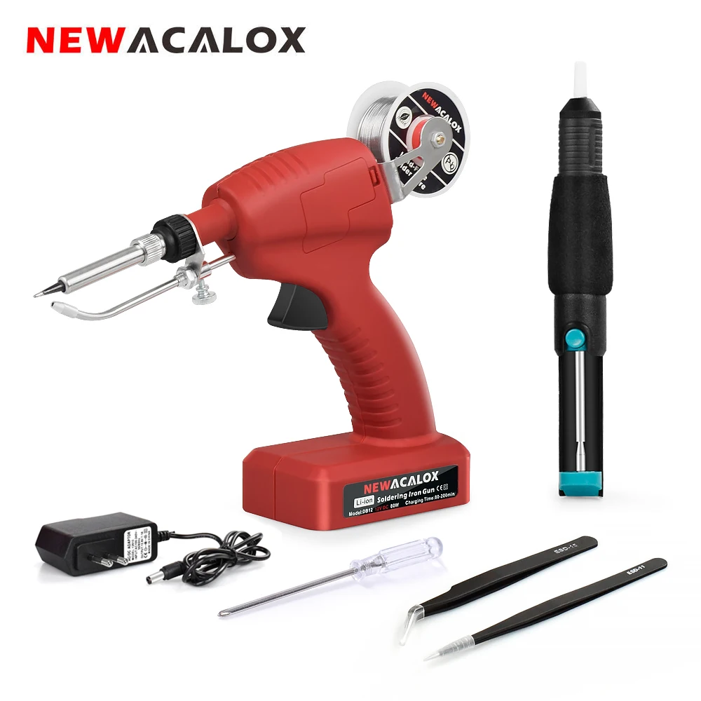 NEWACALOX 80W DC 12V Li-ion Rechargeable Cordless Soldering Iron Handheld Automatically Send Tin Gun Welding PCB Repair Tool Kit